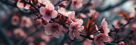 Beautiful blooming branch of cherry tree with pink flowers, spring banner backgroundの素材