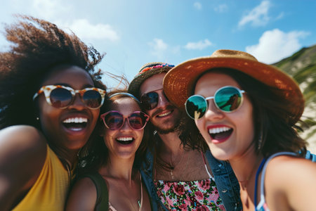 diversity and portrait of friends on a holiday while having fun together on weekend tripの素材