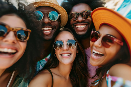 diversity and portrait of friends on a holiday while having fun together on weekend tripの素材