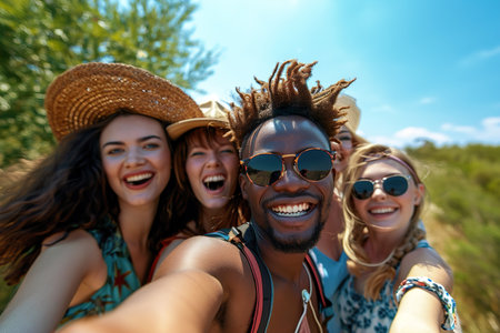 diversity and portrait of friends on a holiday while having fun together on weekend tripの素材