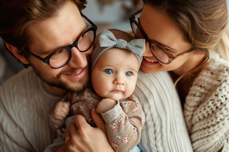 Happy man holding adorable baby near smiling wifeの素材
