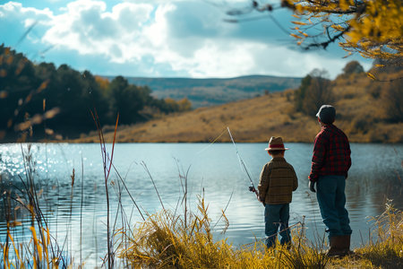 father and son fishing on a lake or riverの素材