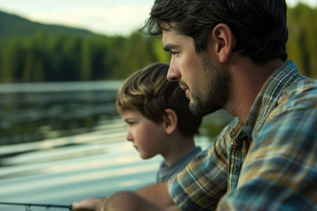 father and son fishing on a lake or riverの素材