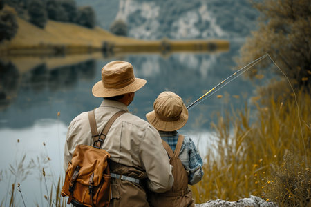 father and son fishing on a lake or riverの素材