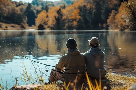 father and son fishing on a lake or river