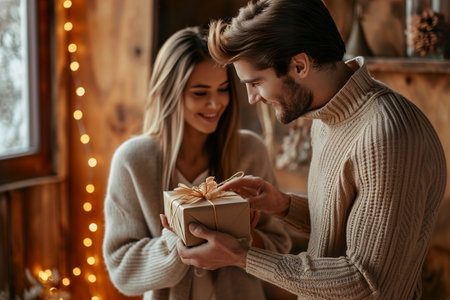 Lovely handsome man giving a girlfriend presentの素材