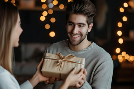Lovely handsome man giving a girlfriend presentの素材