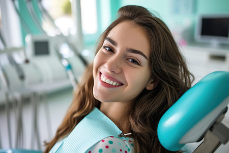 A smiling young woman with open mouth in a dental chairの素材