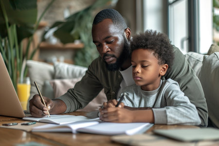 Dad helps son to do homework at homeの素材