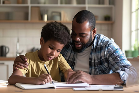 Dad helps son to do homework at homeの素材