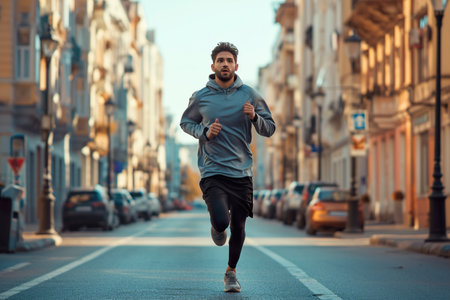 Young man athlete jogging in the city doing cardio outdoorの素材