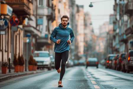 Young man athlete jogging in the city doing cardio outdoorの素材
