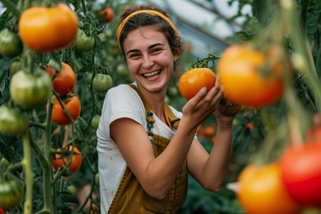 Worker picking up two tomatoes from the tomato plant and smilingの素材