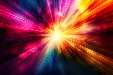 Abstract dark background of light with stripes of colourful rays moving from the centerの素材