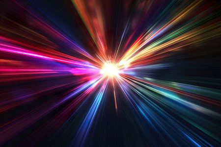 Abstract dark background of light with stripes of colourful rays moving from the centerの素材