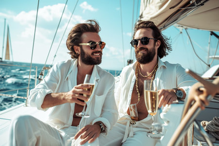 friend drinking champagne while having party in yachtの素材