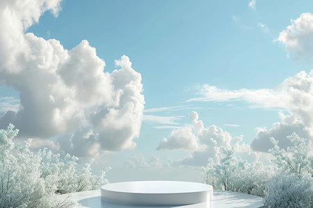 podium with soft sky fluffy clouds and nature accentsの素材