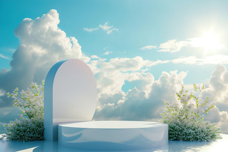 podium with soft sky fluffy clouds and nature accentsの素材