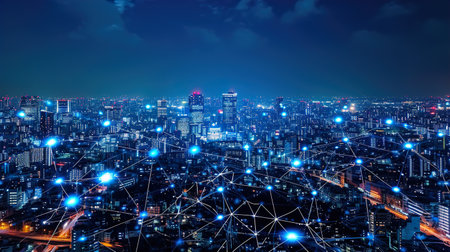 Modern city with wireless network connection and city scape conceptの素材