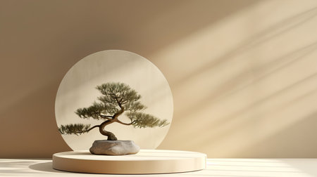 Japanese style minimal abstract cosmetic background. podium and bonsai treeの素材
