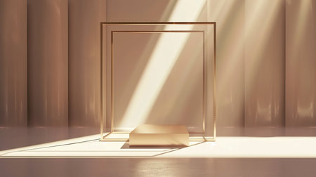 Modern minimal showcase scene with golden square frame and empty podiumの素材