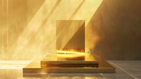 Modern minimal showcase scene with golden square frame and empty podiumの素材