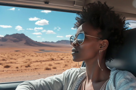 Black woman enjoy window view of desert on roadの素材