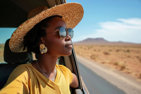 Black woman enjoy window view of desert on roadの素材