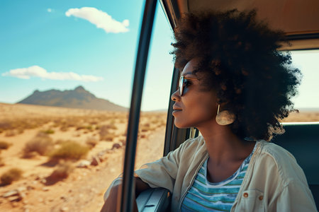 Black woman enjoy window view of desert on roadの素材