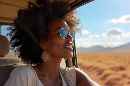 Black woman enjoy window view of desert on roadの素材