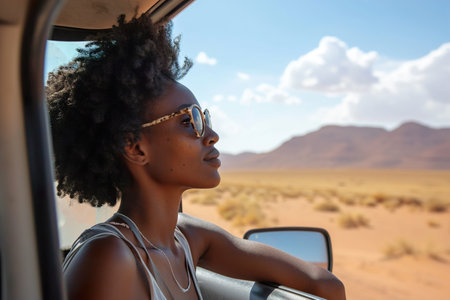 Black woman enjoy window view of desert on roadの素材