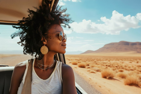 Black woman enjoy window view of desert on roadの素材