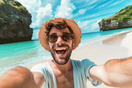 excited Handsome man taking selfie in the beachの素材