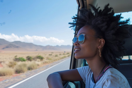 Black woman enjoy window view of desert on roadの素材