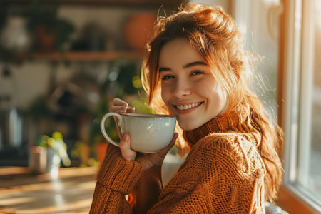 Happy young woman drinking a cup of tea in an autumn morning at homeの素材