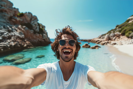 excited Handsome man taking selfie in the beachの素材