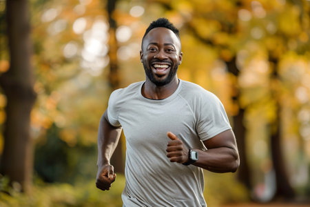 smiling Happy black man running in a parkの素材