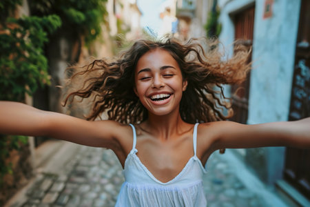 Foto de Smiling young dancer dancing with arms outstretched on footpath - Imagen libre de derechos