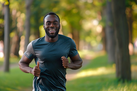 smiling Happy black man running in a parkの素材