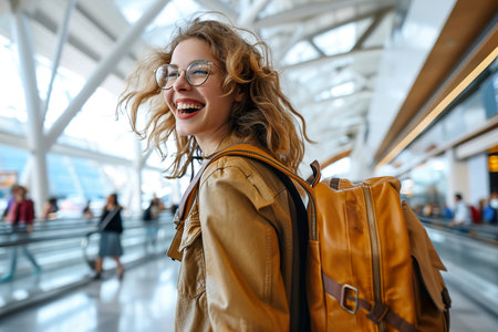 excited woman wears a backpack in the airportの素材