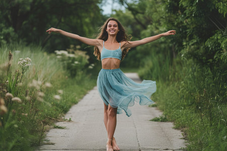Smiling young dancer dancing with arms outstretched on footpathの素材