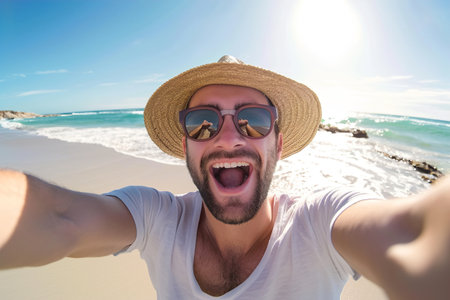 excited Handsome man taking selfie in the beachの素材