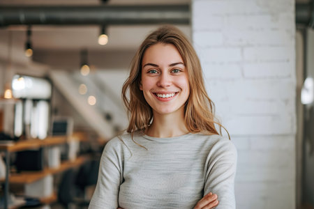 Portrait of young smiling woman looking at camera in the creative officeの素材