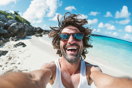 excited Handsome man taking selfie in the beachの素材