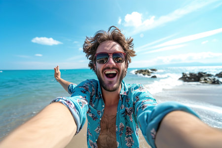 excited Handsome man taking selfie in the beachの素材