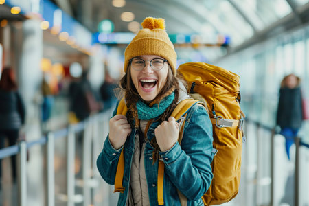 excited woman wears a backpack in the airportの素材