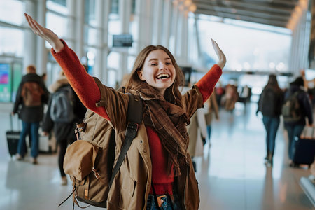 excited woman wears a backpack in the airportの素材