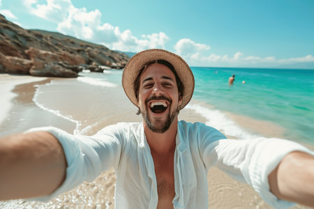 excited Handsome man taking selfie in the beachの素材