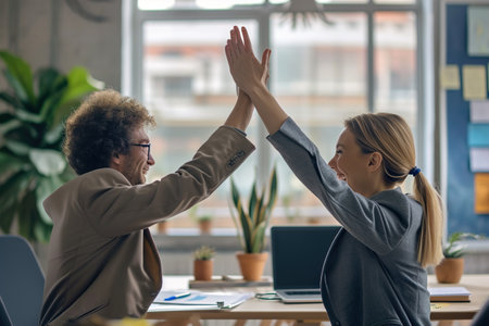 Two happy friend giving high five standing in office celebrating successの素材