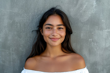 smiling young latin woman with grey wall backgroundの素材